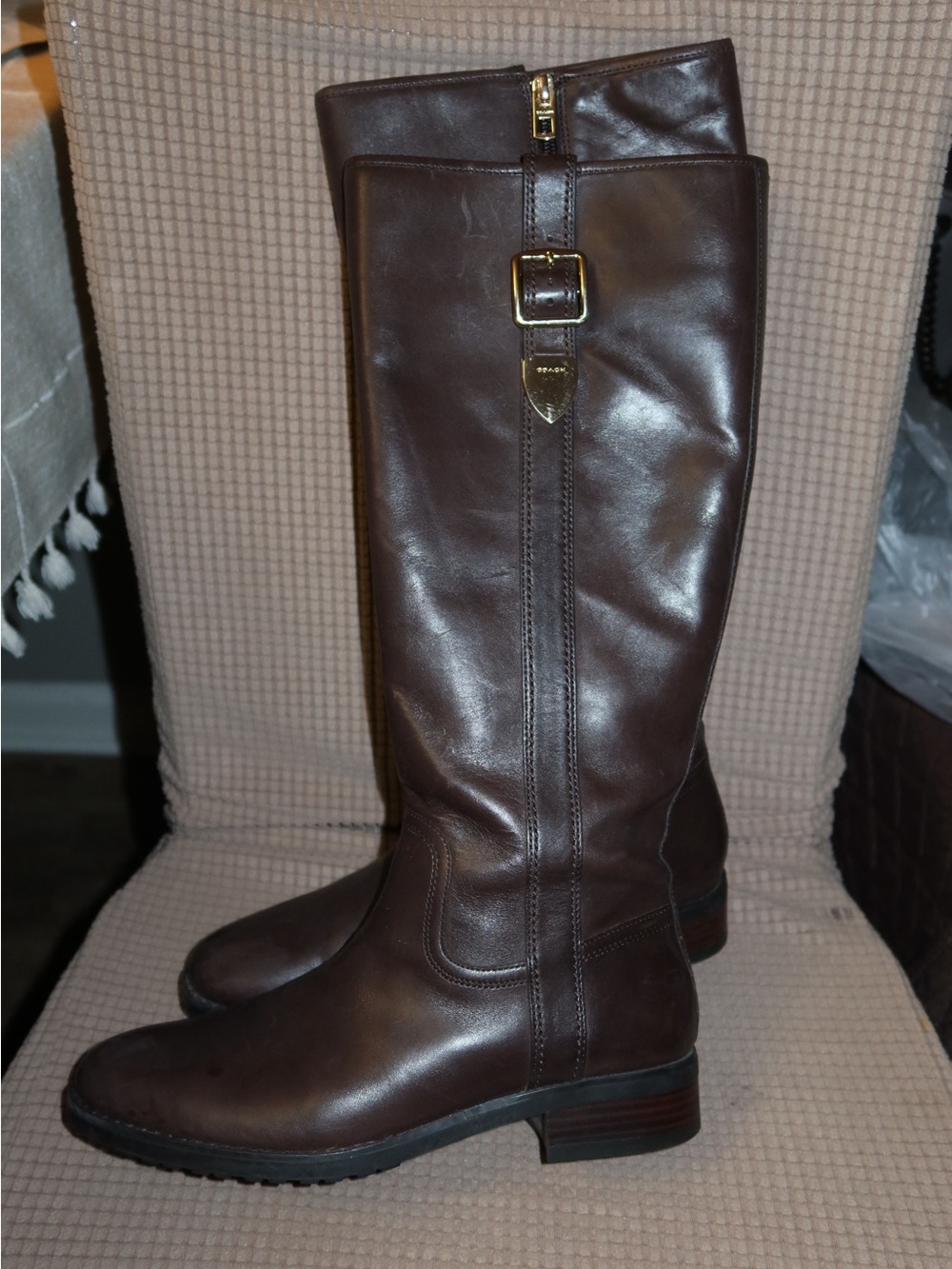 Coach Easton Dark Brown Leather Tall Riding Boots with Gold Buckle